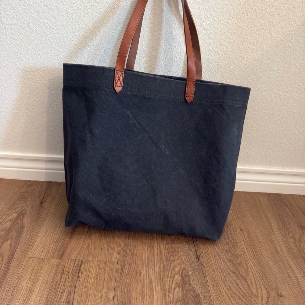 Madewell Medium Black Canvas Tote with Brown Leather Handles